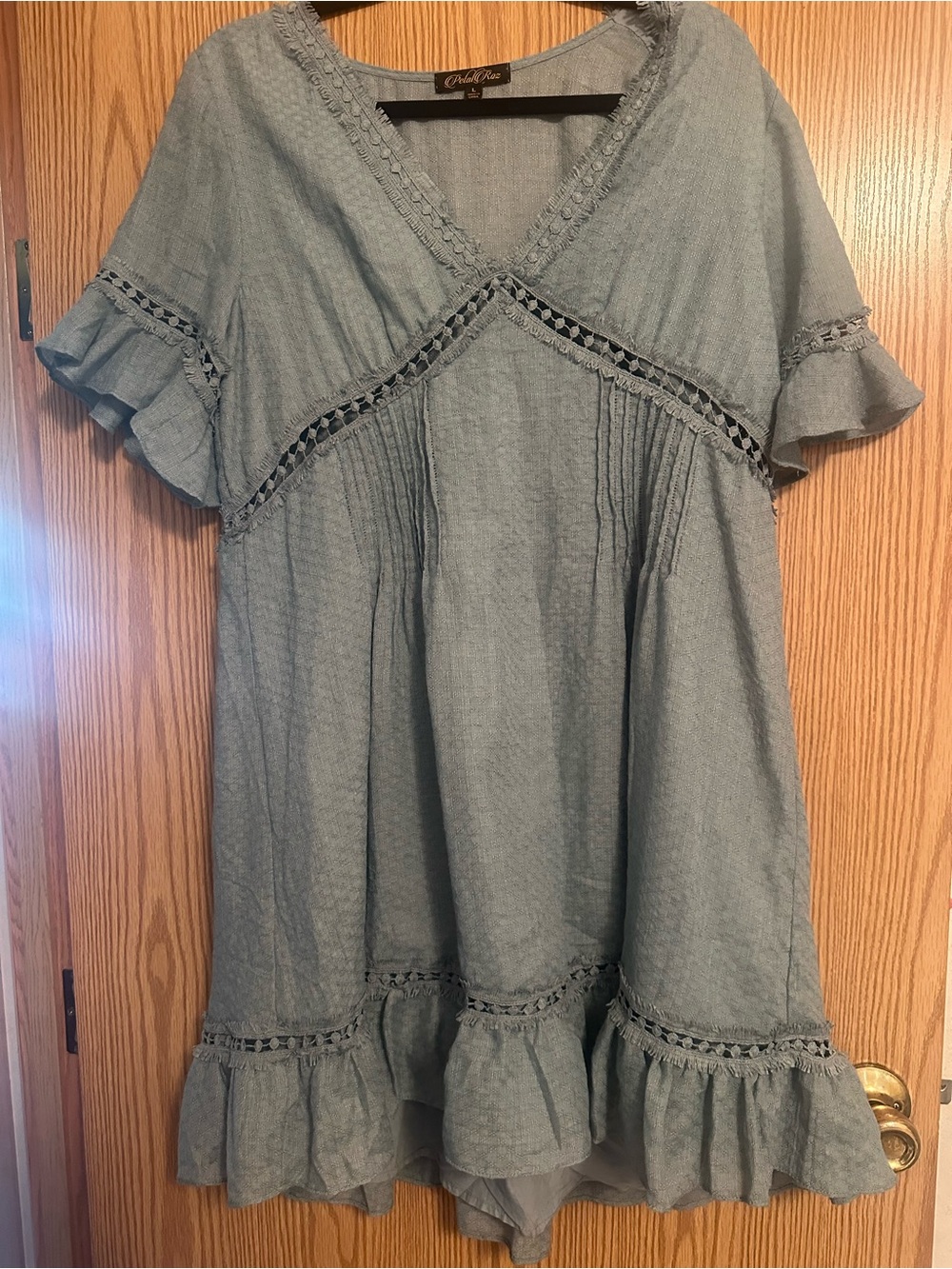 Chic Light Blue Crochet-Trim V-Neck Mini Dress